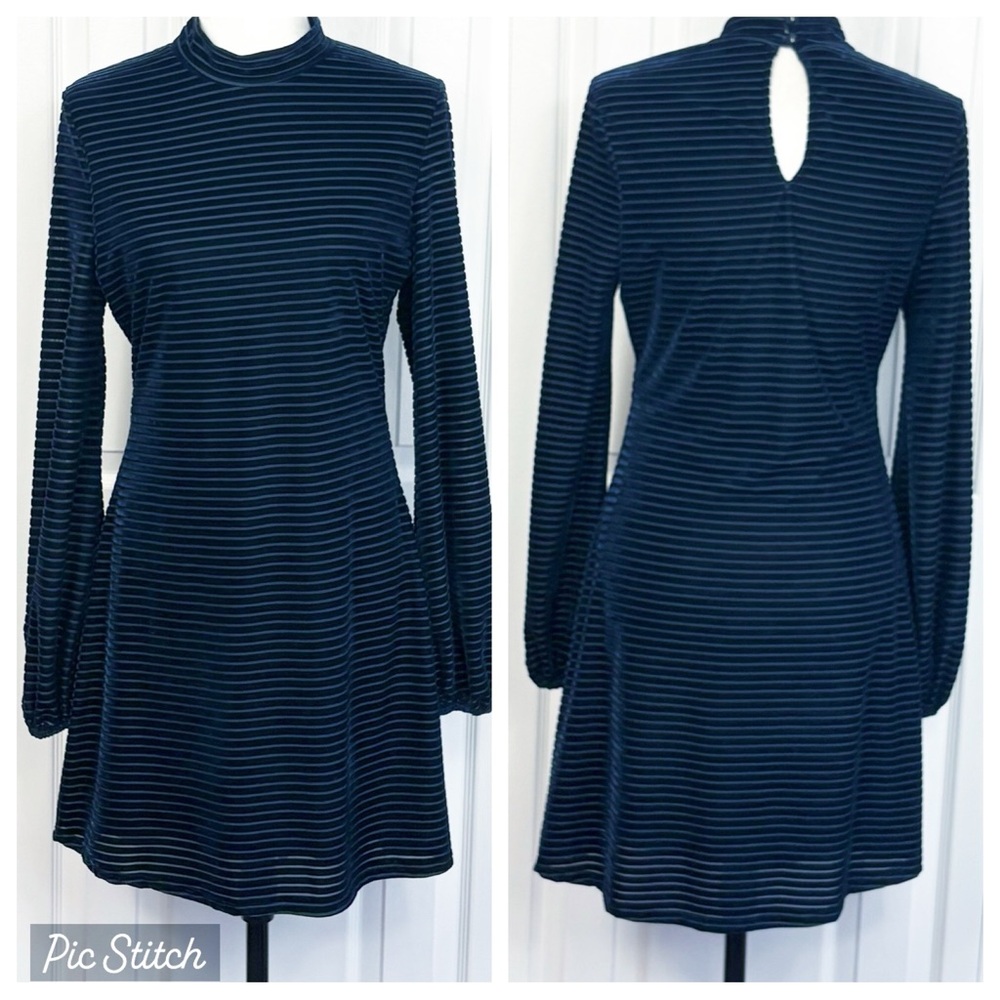 Lulus Navy Blue Stripe Velvet Burnout Long Sleeve Ticket to Chic Dress